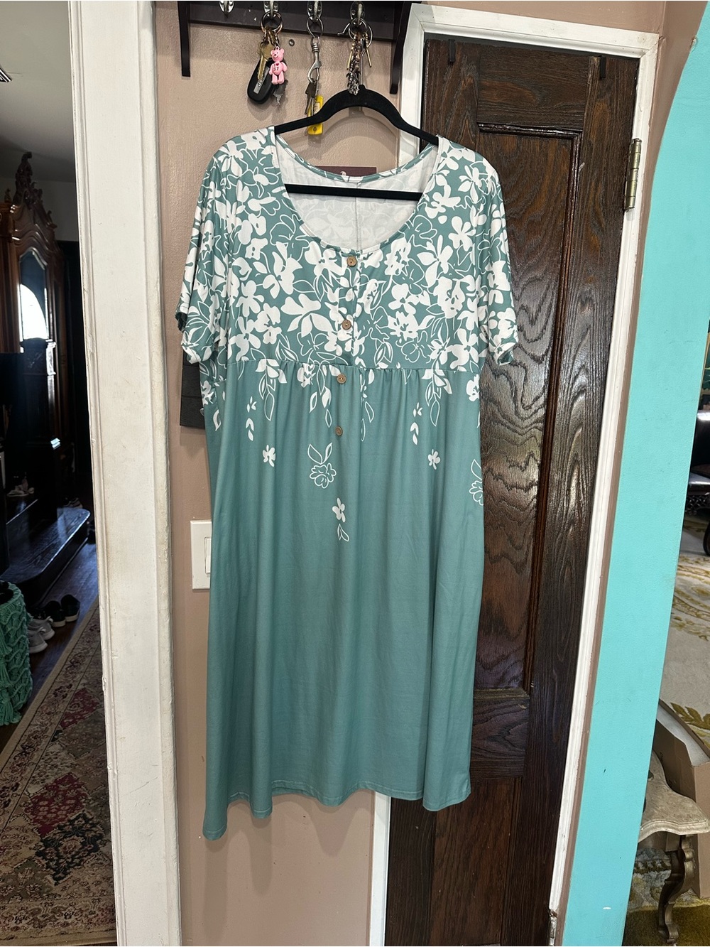 Sage Green Floral-Print Midi Dress with Scoop Neck and Decorative Buttons